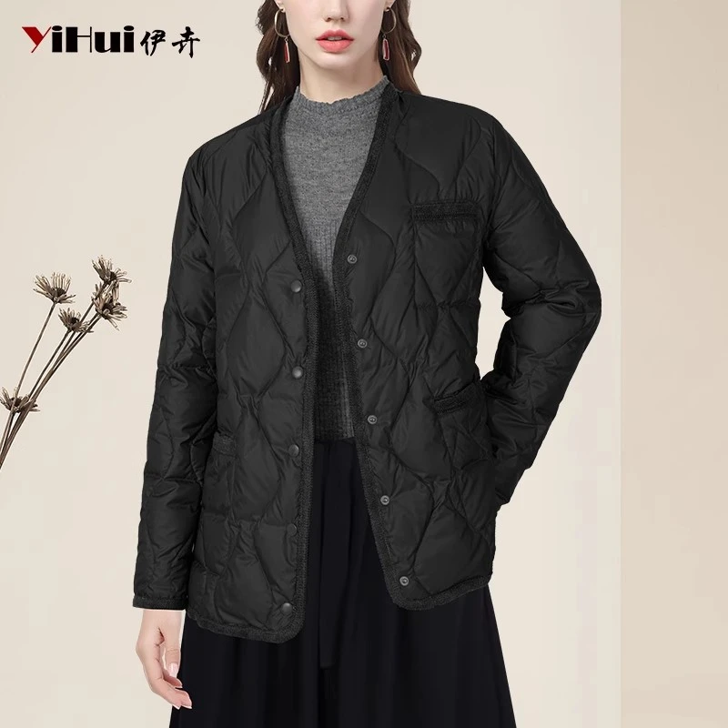 YIHUI伊卉羽绒服女短款外套气质v领设计感宽松90白鸭绒WJ245019