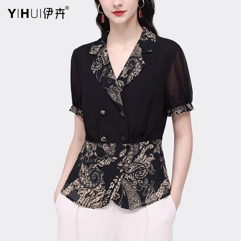 YIHUI伊卉雪纺衫女短袖上衣拼接衬衫职业OL时尚气质西装SE230175