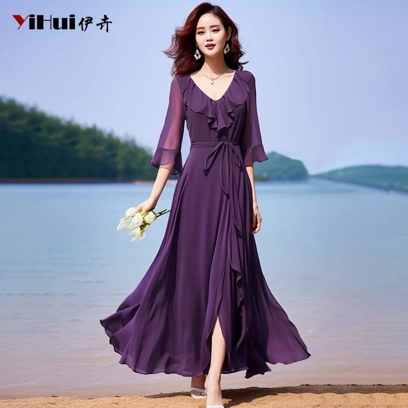 YIHUI伊卉雪纺连衣裙女长款七分袖时尚荷叶边v领修身长裙LC242716