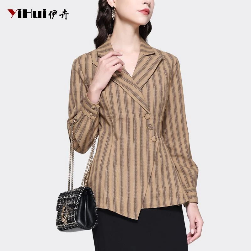 YIHUI伊卉条纹衬衫女外套长袖衬衣西装领条纹上衣气质SH231196