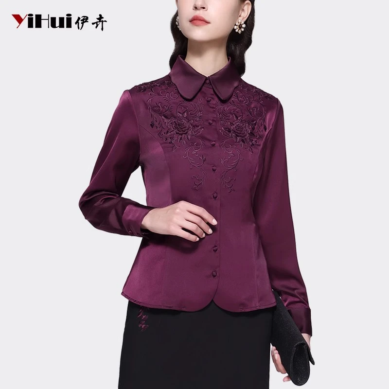 YIHUI伊卉缎面衬衫女长袖上衣刺绣衬衣显瘦设计重工绣花SH231132