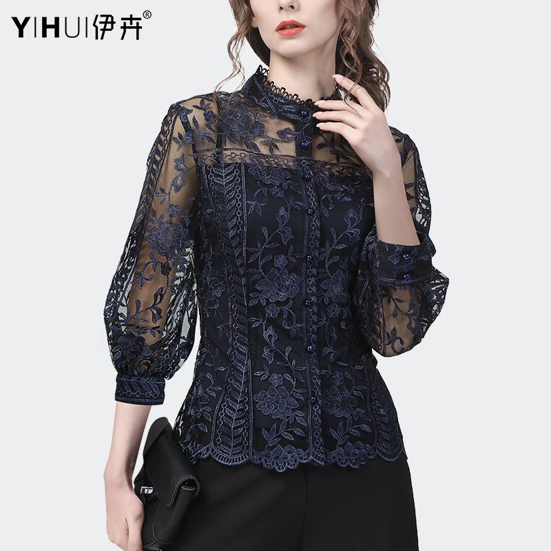 YIHUI伊卉欧货2025春夏七分袖蕾丝衫上衣女收腰洋气打底衫SA23173