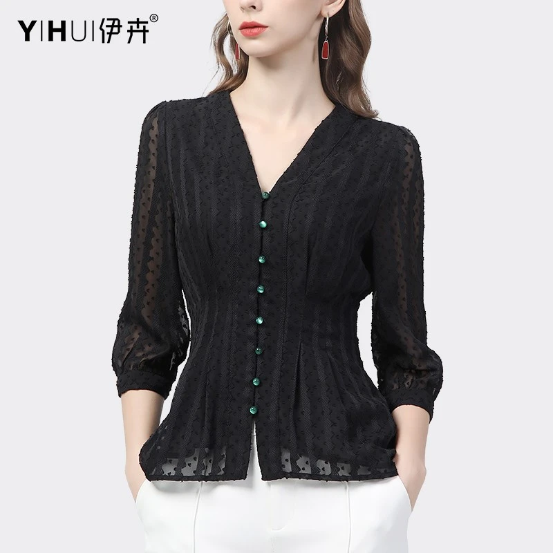 YIHUI 伊卉雪纺衫女七分袖上衣v领T恤时尚中袖气质小衫夏SA18176