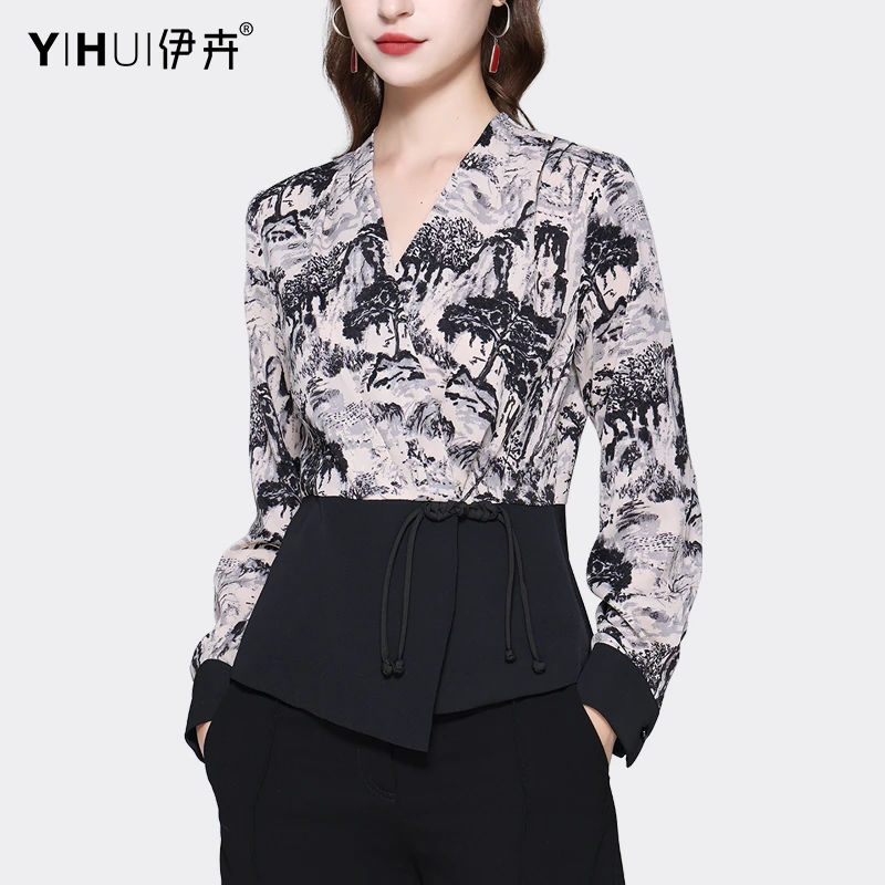 YIHUI伊卉设计感盘扣雪纺拼接衬衫女交叉上衣长袖秋装SG230987