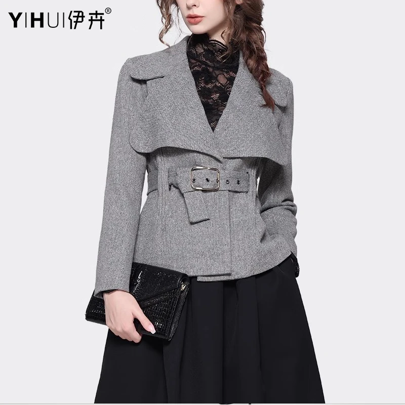 YIHUI伊卉欧洲站设计感大西装领毛呢外套女短款小西装WG230911