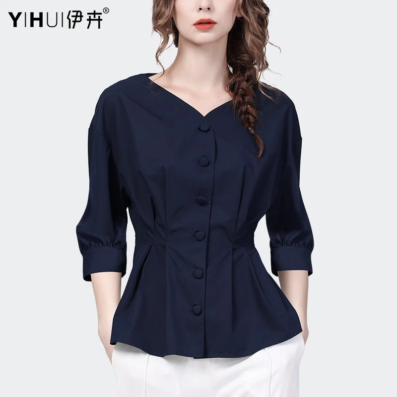 YIHUI伊卉2025春夏洋气V领收腰衬衫上衣女别致七分袖打底SA23135