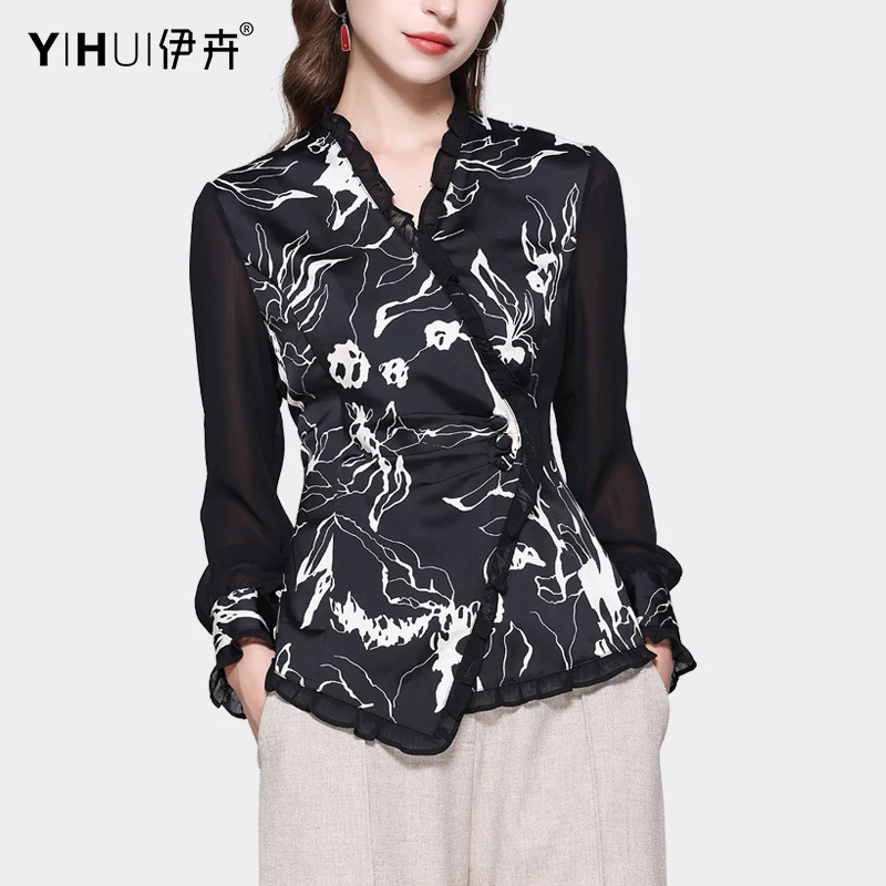 YIHUI伊卉欧货设计感拼接垂感缎面衬衫女秋长袖印花上衣SG230982