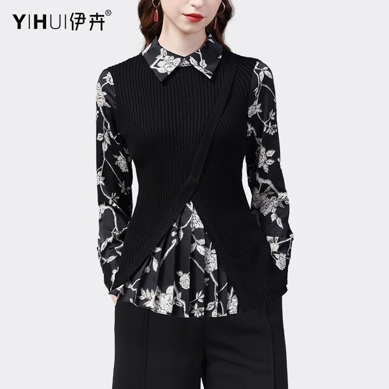 YIHUI伊卉短款春装假两件针织衫女设计感印花拼接衬衫打底SK22726