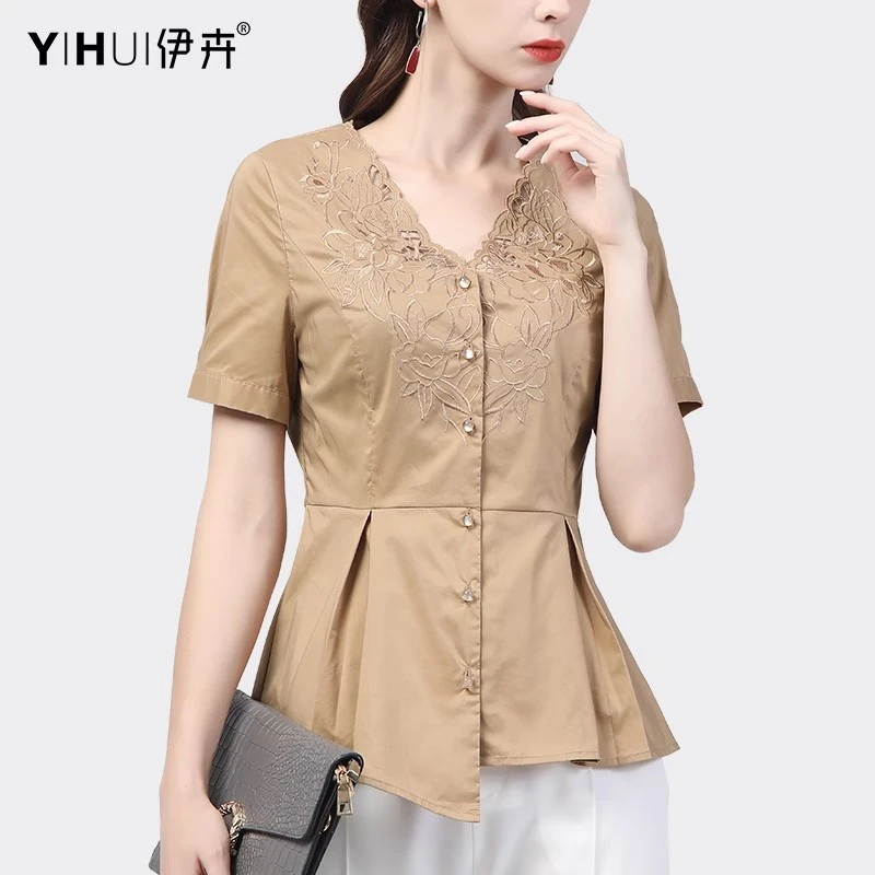 YIHUI 伊卉欧货设计感绣花衬衫女短袖v领时尚衬衣别致显瘦SC18808