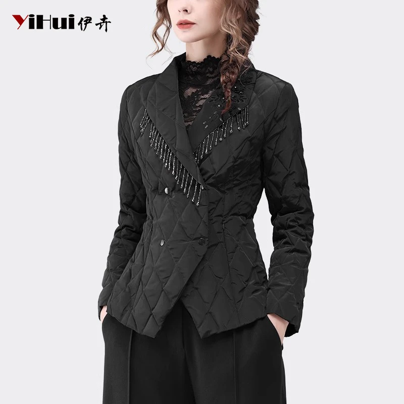 YIHUI伊卉衬衫羽绒服女钉珠收腰百搭黑色显瘦冬季时尚WG230799
