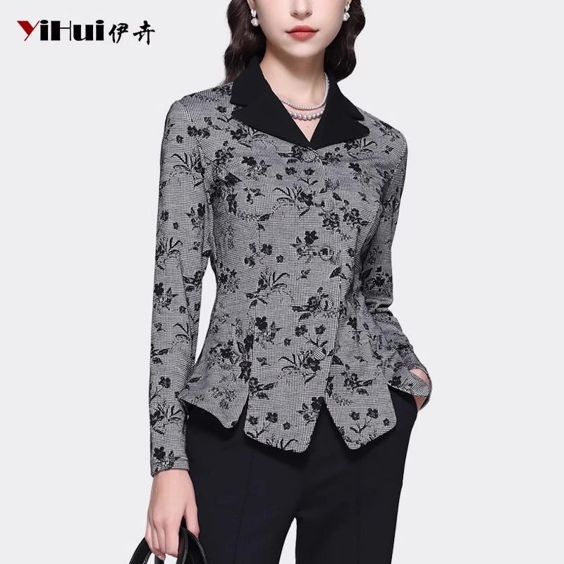 YIHUI伊卉西装领提花衬衫女设计不规则衬衣弹力修身显瘦SH231191