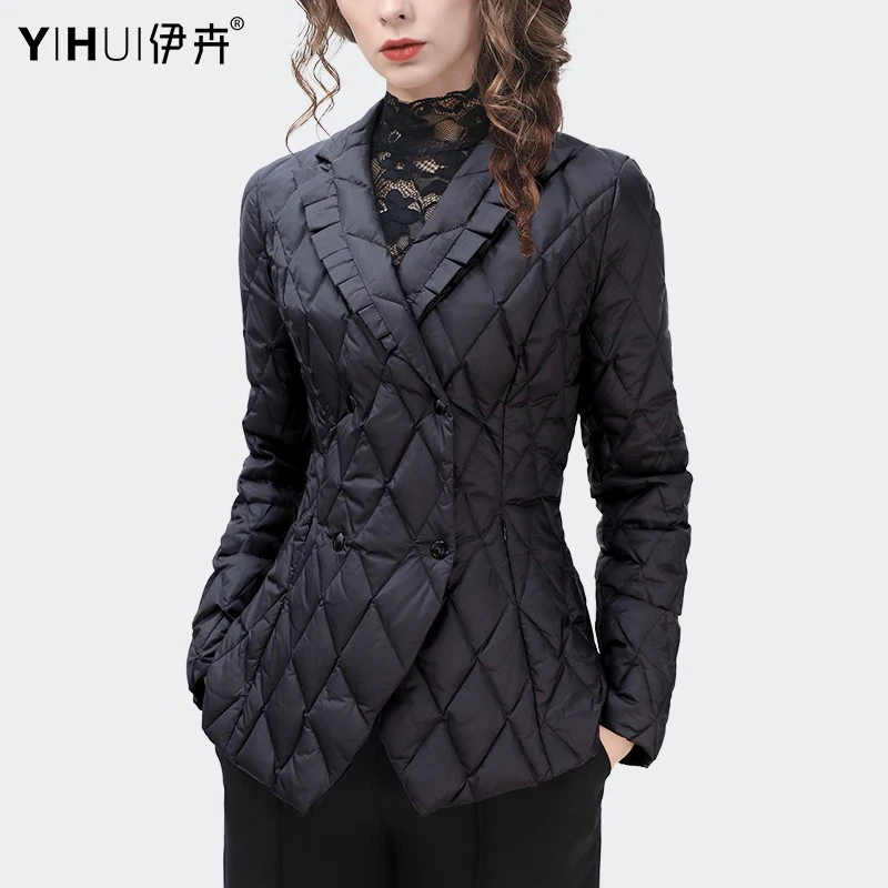 YIHUI伊卉WJ22381秋冬羽绒服女收腰西装领外套轻薄款白鸭绒上衣