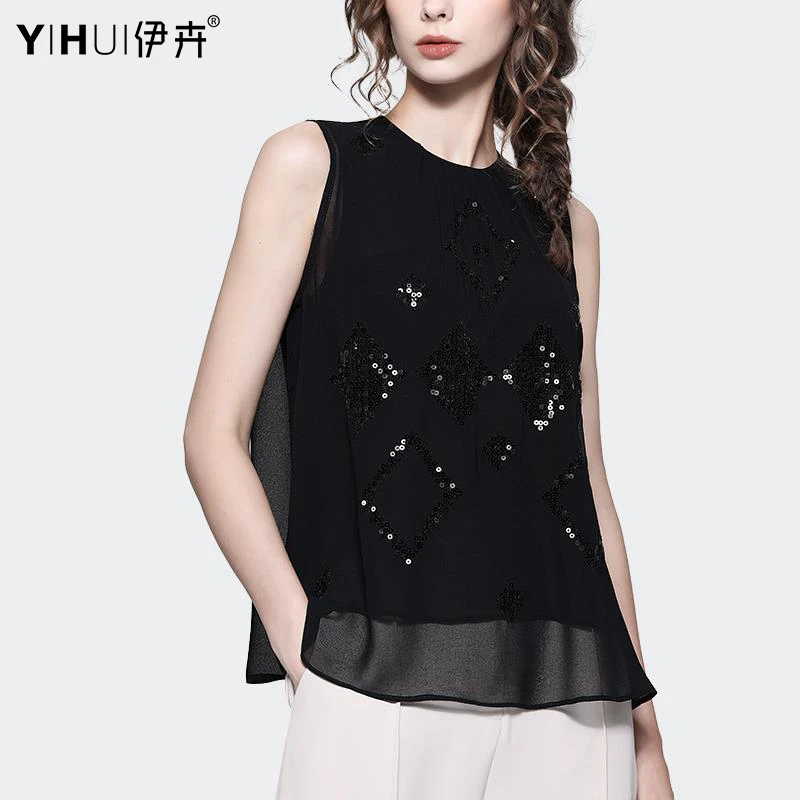 YIHUI伊卉欧洲站夏无袖雪纺衫上衣女珠片洋气显瘦打底衫SG230867