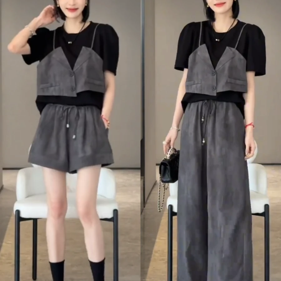 大码夏装搭配一整套时尚设计感拼接假两件上衣女高腰宽松阔腿长裤