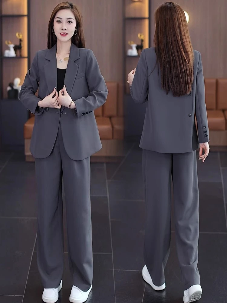 大码洋气休闲套装女春秋季新款韩版宽松显瘦西装外套阔腿裤两件套