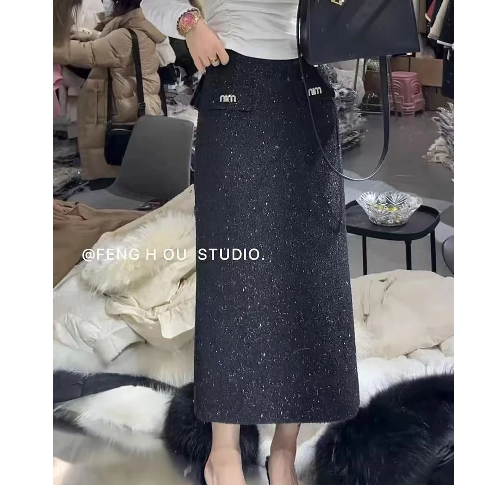 1333-1百搭洋气显瘦闪闪重工烫钻中长款网红高腰减龄气质半身裙