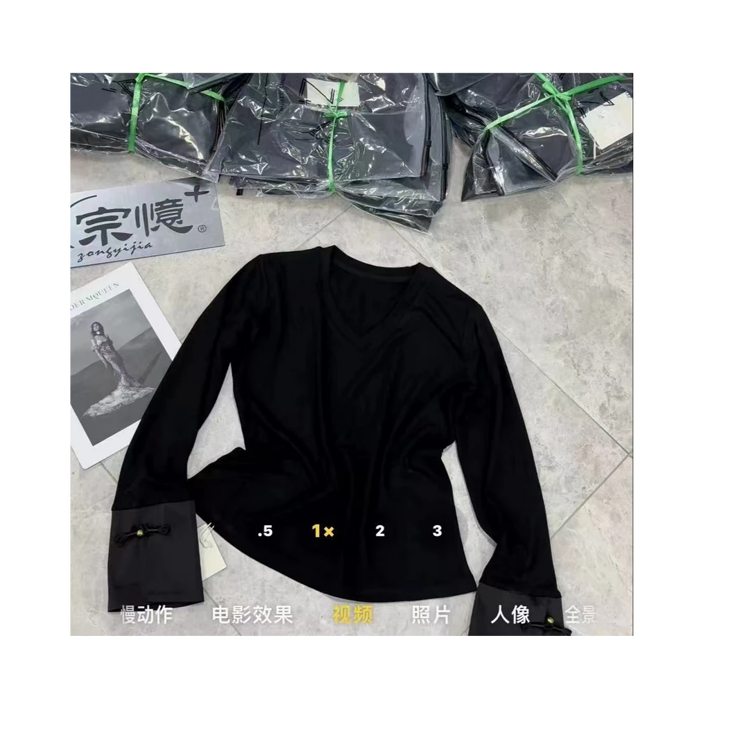 5970网红休闲时尚套头百搭拼接显瘦新款减龄黑色修身秋季长袖T恤