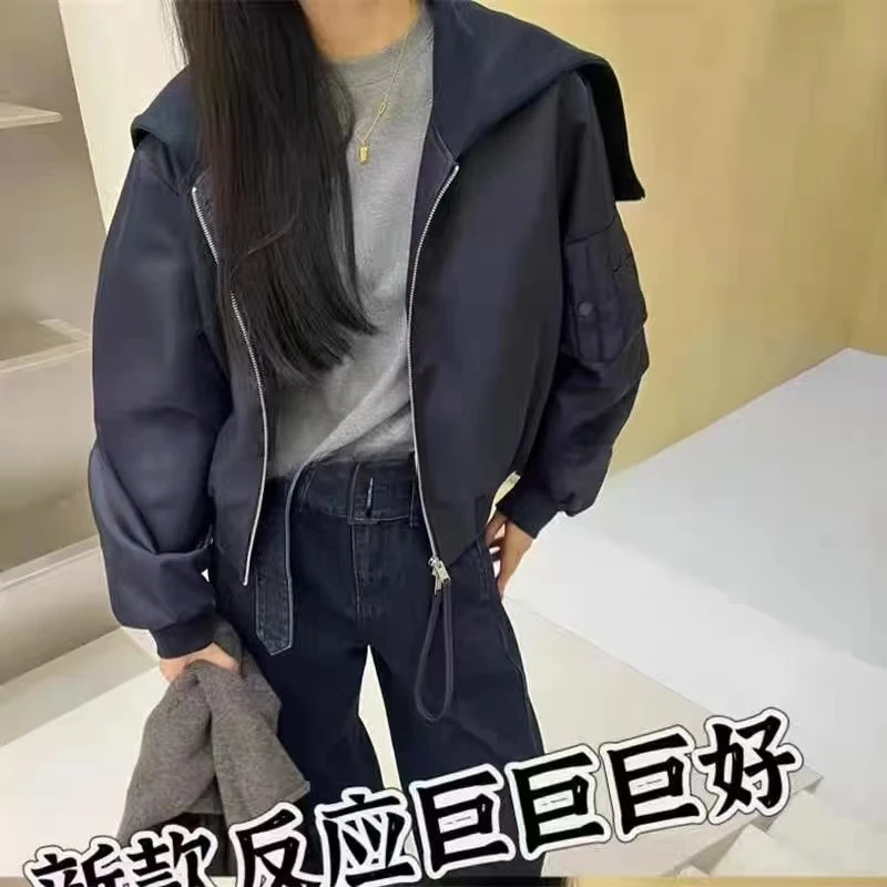 6464百搭洋气拉链加厚连帽不规则减龄长袖休闲黑色宽松韩版外套