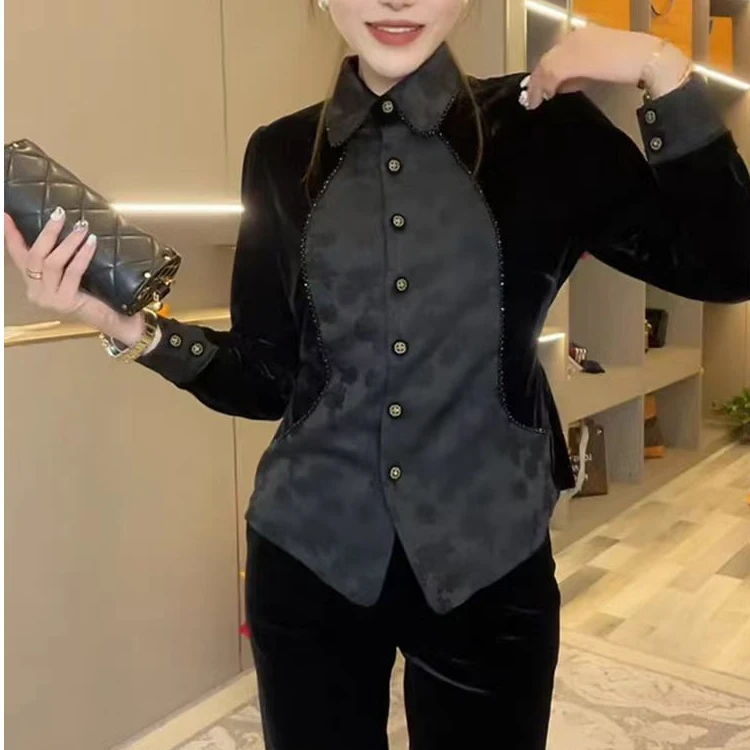 896百搭洋气翻领重工系扣拼接复古丝绒气质休闲显瘦时尚韩版衬衫