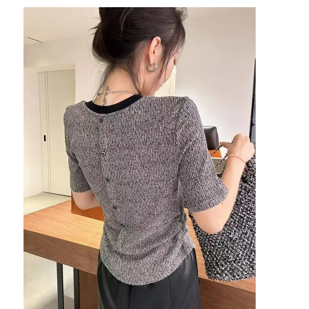 10037百搭洋气后背排扣U领针织金属扣时尚潮流春季休闲短袖T恤