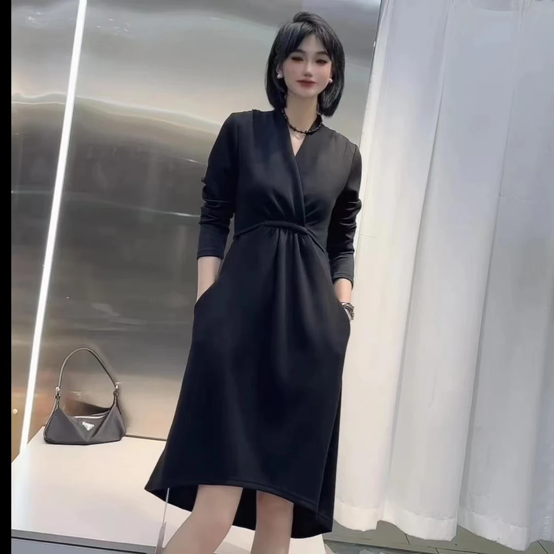 1999-2百搭洋气不规则收腰显瘦修身长袖中长款轻奢气质连衣裙