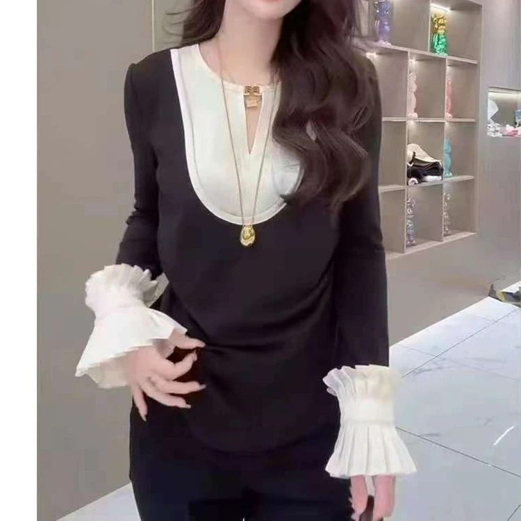 25673百搭洋气不规则复古飞飞边袖口减龄气质显瘦黑色修身网红T恤