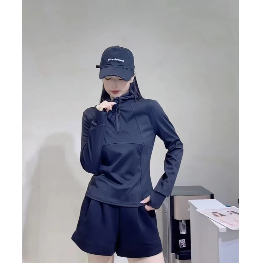 21081百搭洋气不规则拉链连帽长袖压线时尚女士潮流套头修身T恤