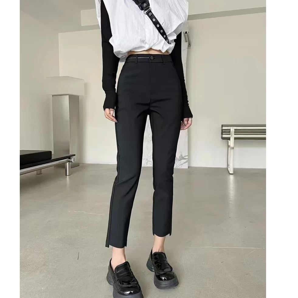 571百搭洋气不规则条杠净版时尚黑色外穿显瘦修身休闲裤