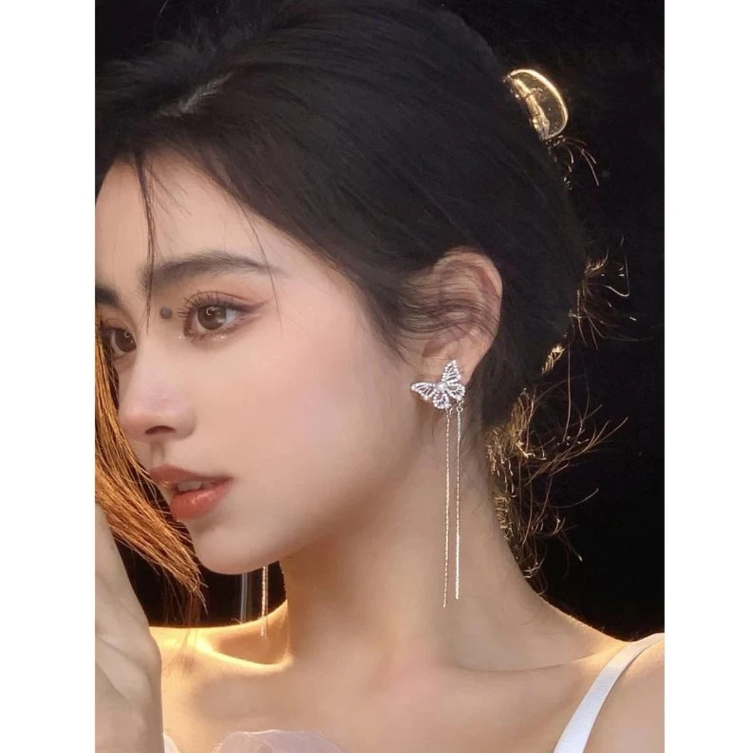 铜合金仿珍珠耳饰 D014《一番星》超仙蝴蝶流苏链条小众高级感耳钉