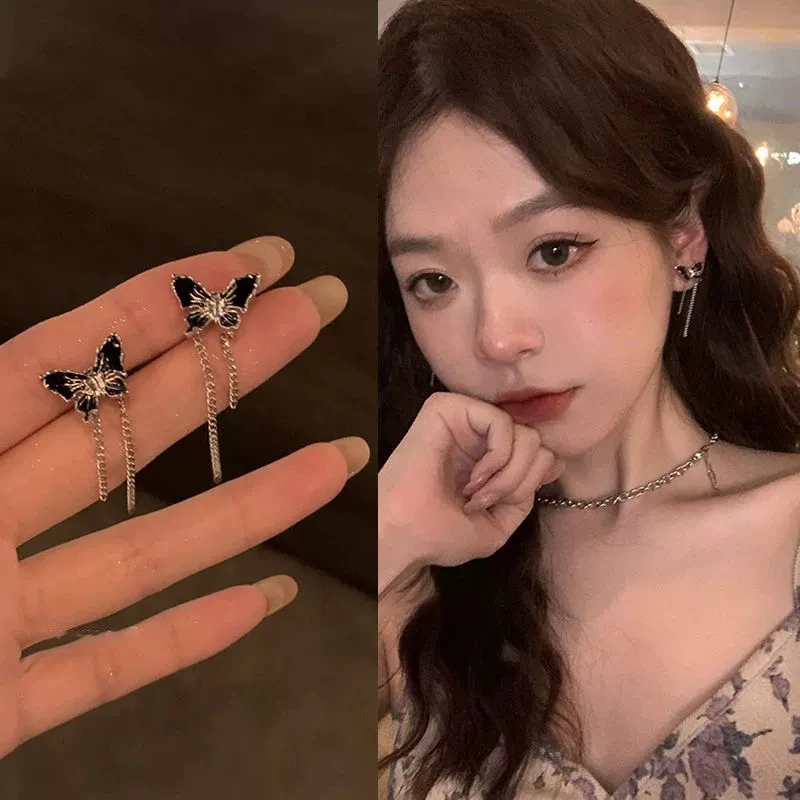 铜合金耳饰 D050《京墨》黑色蝴蝶流苏耳饰