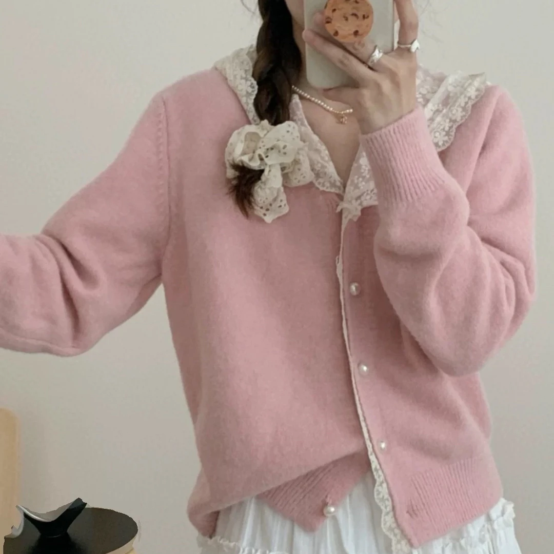 法式蕾丝帽子珍珠扣针织开衫（衣长55）