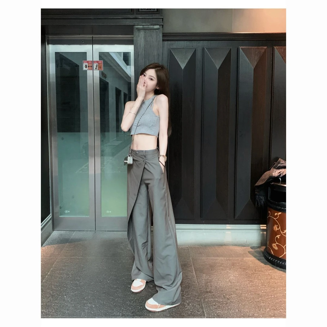 设计感高腰西装裤女秋冬大码胖mm垂坠感显瘦宽松休闲直筒拖地长裤