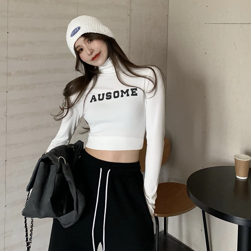 高领秋冬2024磨毛薄绒新款印花短款T恤修身显瘦长袖上衣打底衫女