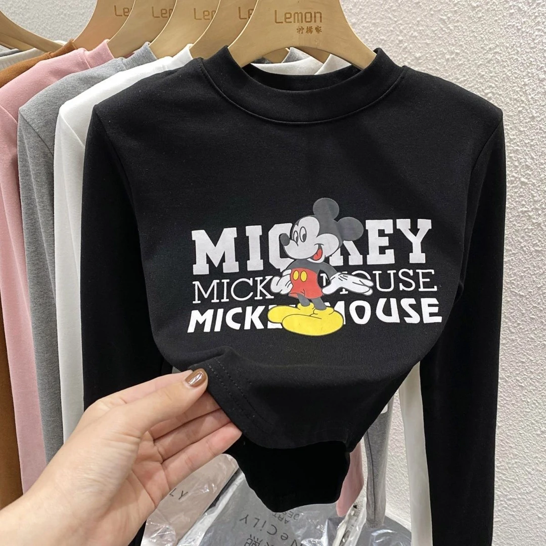 2024秋冬磨毛薄绒圆领卡通印花长袖T恤女修身显瘦辣妹短款上衣ins