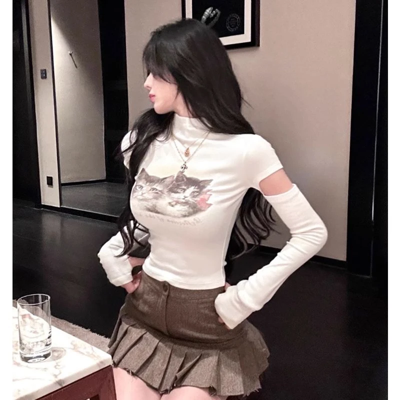 纯欲甜辣妹猫咪印花镂空半高领紧身短款长袖T恤女显身材袖套上衣