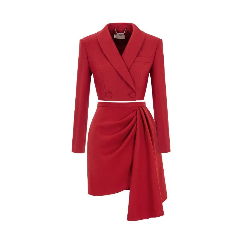 MAGGIEMA马婧修身套裙立裁压褶洋气红色套装高贵有气质493C/494B