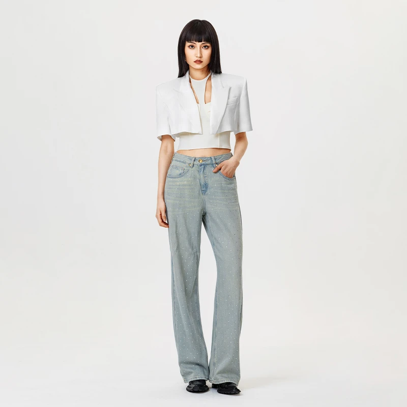 MAGGIE MA马婧设计师款复古浅蓝烫钻星河闪耀牛仔裤165P/165LP