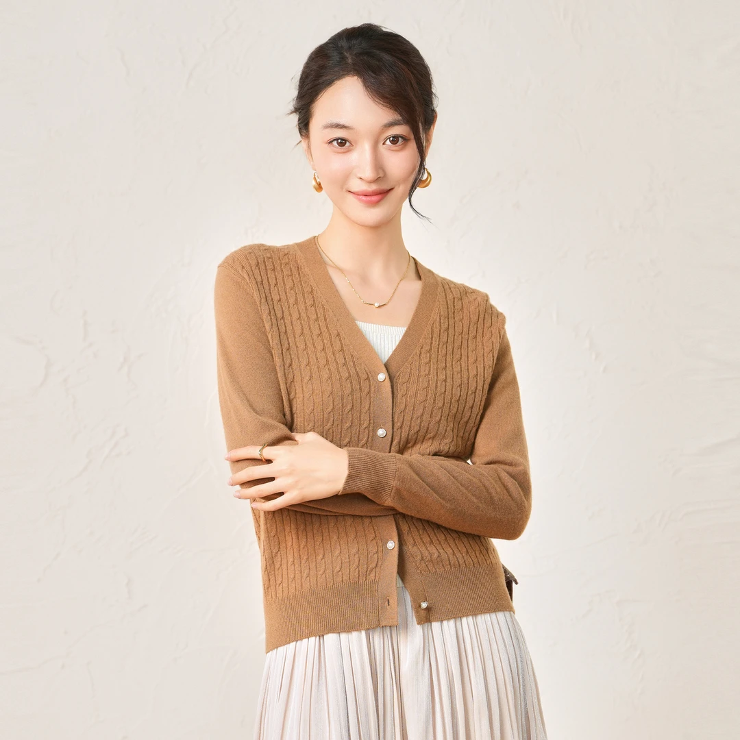 春竹冬季新款复古绞花100%羊毛衫V领宽松气质时尚长袖女开衫