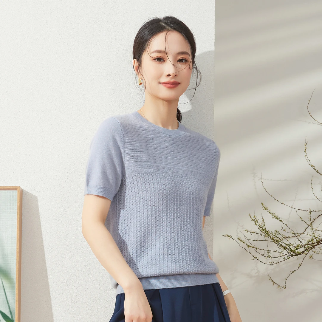 春竹2024春季新款时尚百搭夏季镂空针织衫纯色圆领套头衫简约薄款