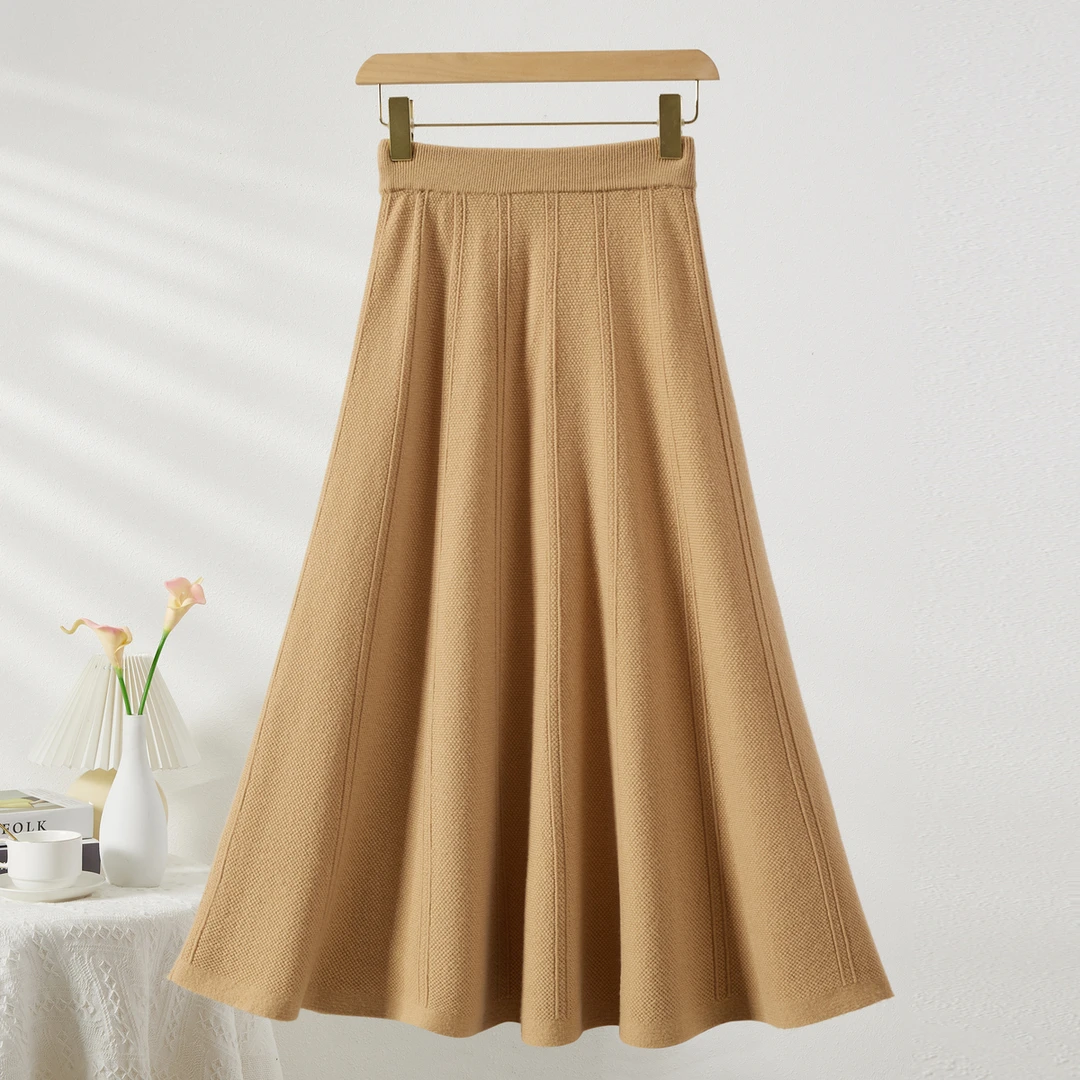 春竹秋冬新款半身裙女100%纯绵羊毛半裙A字裙加厚保暖针织裙