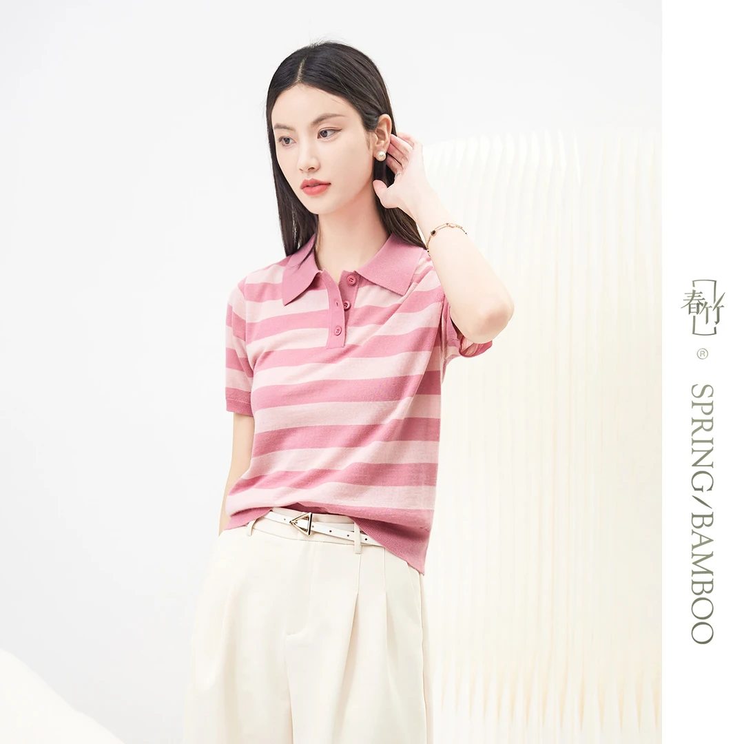 春竹秋冬新款精纺圆领羊毛衫女套衫短袖薄款修身百搭针织条纹