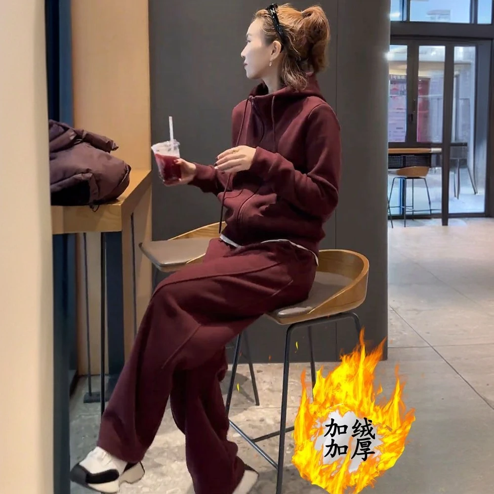 大码加绒加厚时尚气质连帽卫衣女冬季宽松显瘦直筒阔腿裤两件套装