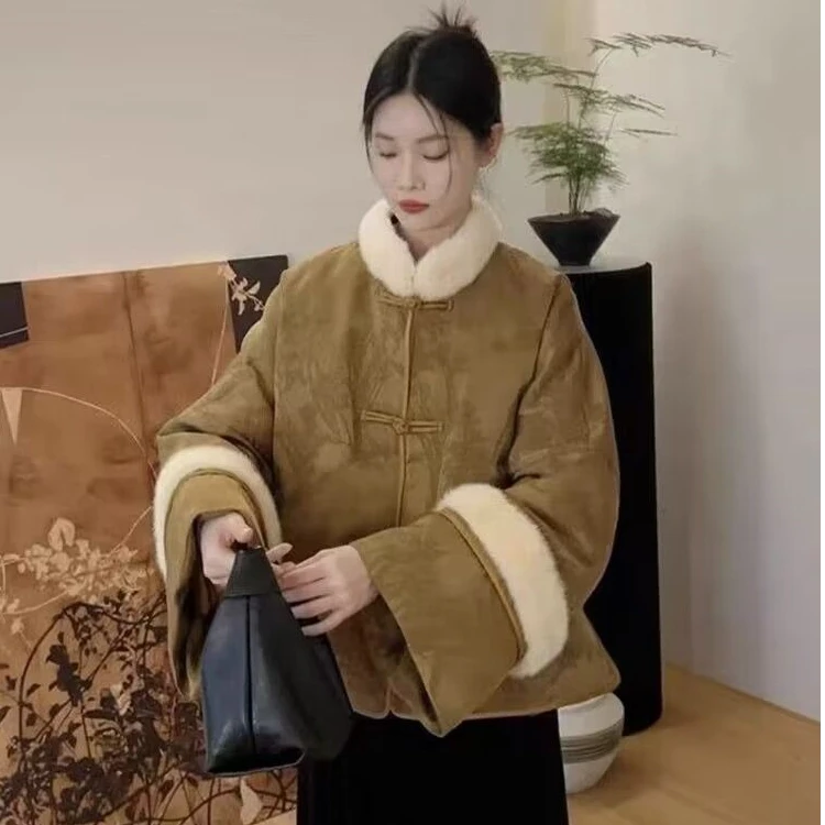 大码国风新中式盘扣圆领重工百搭单排扣加厚保暖长袖夹棉棉袄外套