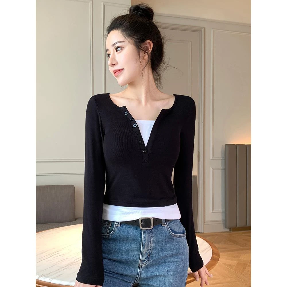 VOCKOO黑色打底衫女秋季针织内搭长袖撞色假两件设计感修身