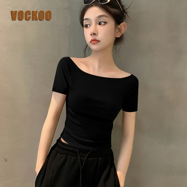 VOCKOO夏季黑色一字领短袖T恤女棉质露脐短款法式洋气露肩显瘦洋