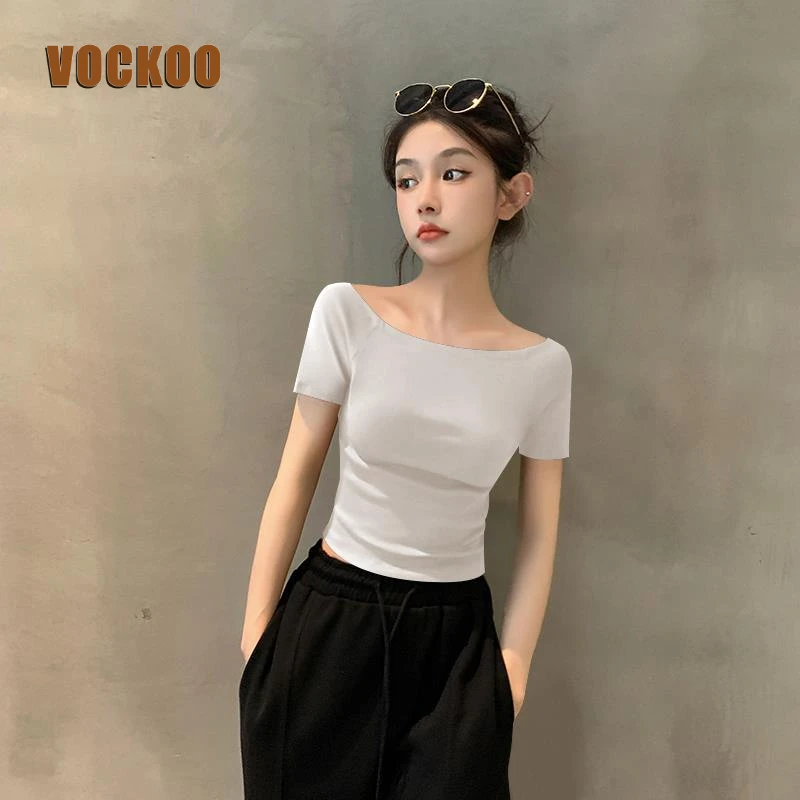 VOCKOO2025新款夏季纯白色一字领短袖T恤女螺纹紧身正肩显瘦百搭