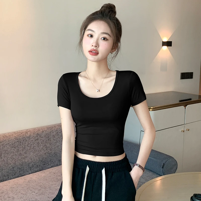 VOCKOO白色冰丝款短款T恤女夏U领短袖显瘦夏季紧身高腰薄款上衣
