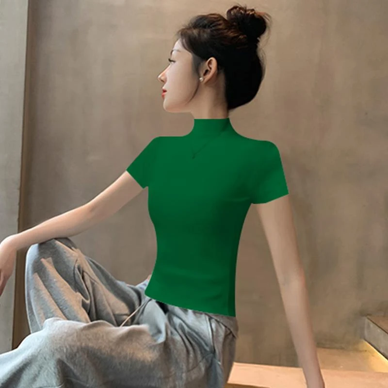 VOCKOO2025春夏季新款螺纹深绿色半高领正肩短袖t恤女小个子显瘦