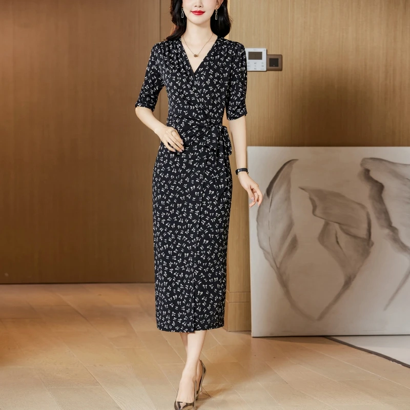 【主播推荐】高端定制印花V领气质连衣裙名媛优雅时尚蝴蝶花中长裙