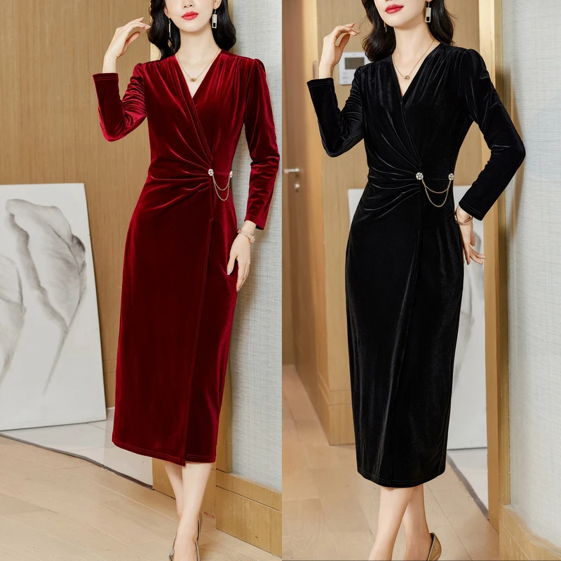 【高端定制】法式高贵气质长袖高级丝绒连衣裙喜妈妈宴会礼服长款裙